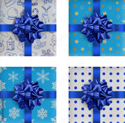 set of realistic christmas gift boxes. collection of christmas gift boxes with blue bow and decorations top view	