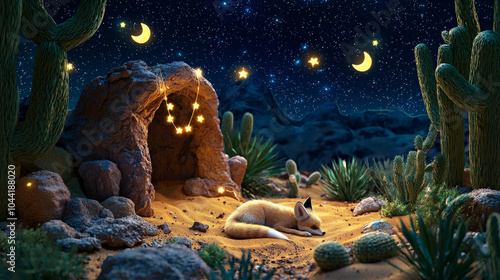 serene fennec fox peacefully sleeps in desert landscape under starry night sky, surrounded by cacti and cozy cave. enchanting scene evokes sense of tranquility and wonder