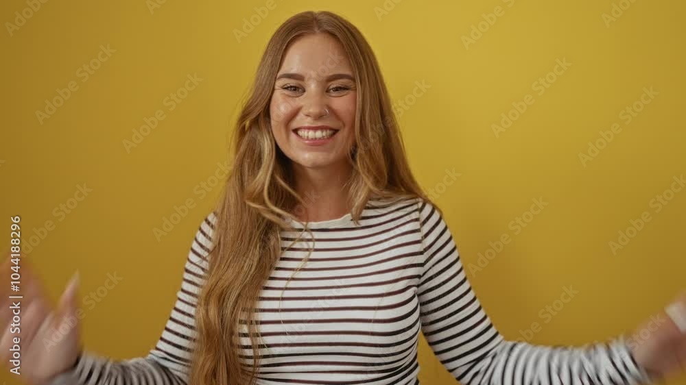 Winner young blonde woman wearing stripes t shirt celebrating success with excited and crazy mad arms over isolated yellow background Winner young blonde woman wearing stripes t shirt celebrating success with excited and crazy mad arms over isolated yellow background