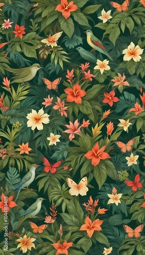 Tropical exotic pattern with animal and flowers in bright colors and lush vegetation