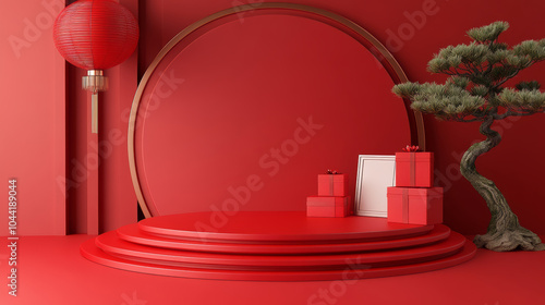 Background of the red festival themed e-commerce product exhibition booth