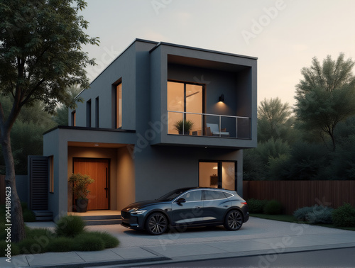 Luxury House with Elegant Automobile in Front Surrounded by Atmospheric Ambience in a Bright and Inviting Setting