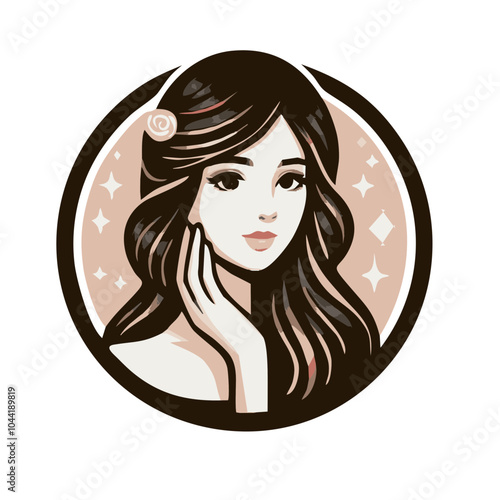 A simple round logo for a beauty salon with a beautiful girl with perfect hair.