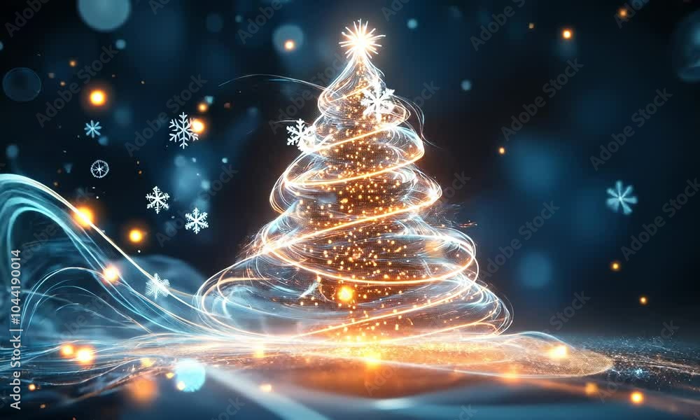 A glowing Christmas tree composed of transparent spheres and twinkling lights, surrounded by softly falling snowflakes and abstract swirling patterns A glowing Christmas tree composed of transparent spheres and twinkling lights, surrounded by softly falling snowflakes and abstract swirling patterns