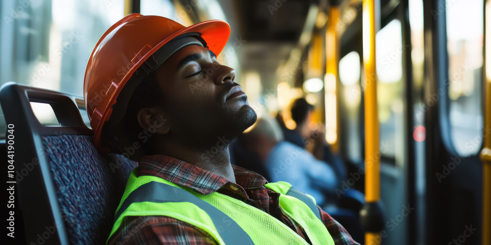 A weary construction worker in a hard hat and reflective vest sitting on a crowded bus A weary construction worker in a hard hat and reflective vest sitting on a crowded bus