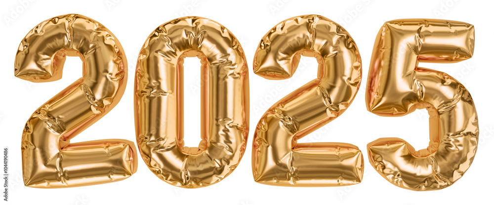 New Year 2025 design element. Isolated inflated golden balloon numbers. 3D rendering. New Year 2025 design element. Isolated inflated golden balloon numbers. 3D rendering.