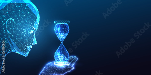AI for time efficiency concept with robotic head holding hourglass on dark blue background.