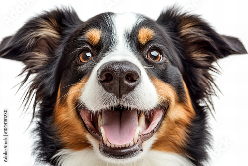 High-Resolution Portrait of a Playful Border Collie Lying Down on a White Background - Happy Dog with Expressive Eyes and Floppy Ears in Relaxed Pose