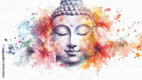 Colorful ink painting of a serene Buddha face surrounded by floral watercolor splashes on a white background