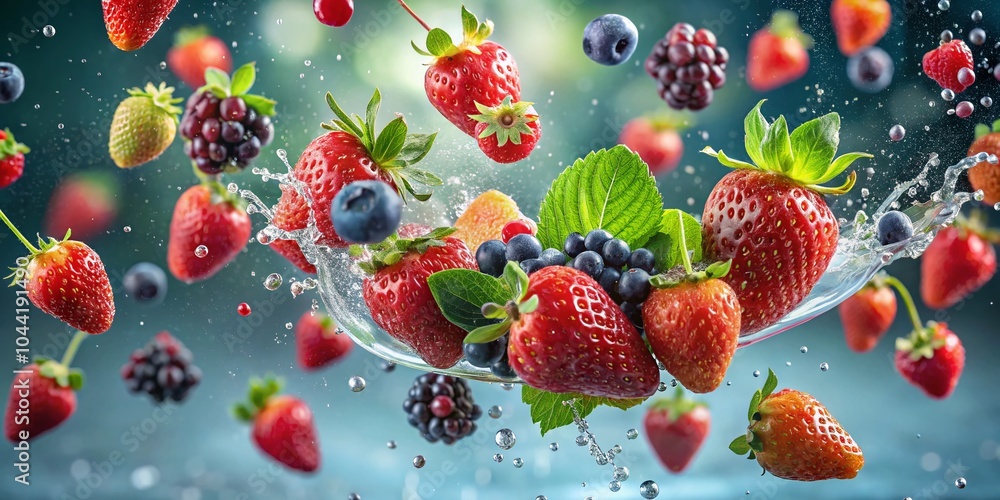 Fresh Strawberries and Berries Tossed in the Air with Water Splash in Slow Motion Fresh Strawberries and Berries Tossed in the Air with Water Splash in Slow Motion