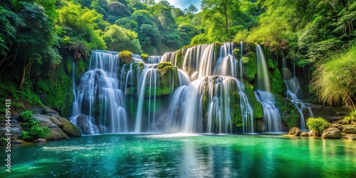 Scenic view of waterfall surrounded by lush greenery and crystal clear water