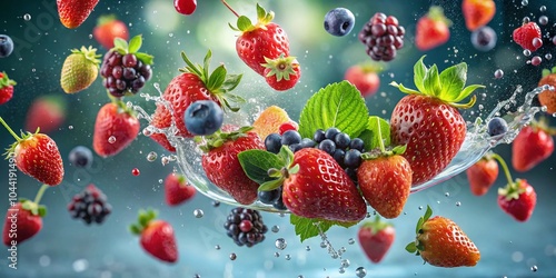 Fresh Strawberries and Berries Tossed in the Air with Water Splash in Slow Motion