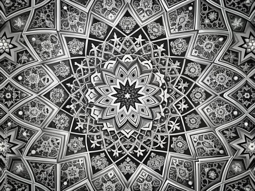 Obraz premium Geometric Arabesque Floral Pattern in Black and White with Stars for Islamic Art Background