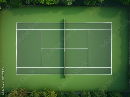 Aerial view of split symmetry tennis court with green surface and forested edges, outdoor sports