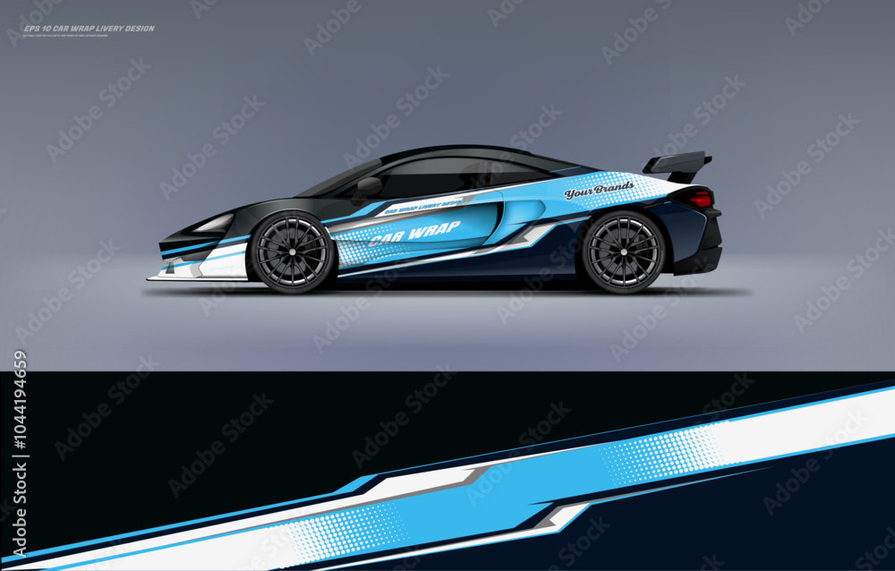 Obraz premium Racing Car sport car branding with racing wrap decal or livery design. Abstract racing graphics black blue backround. Editable vector template
