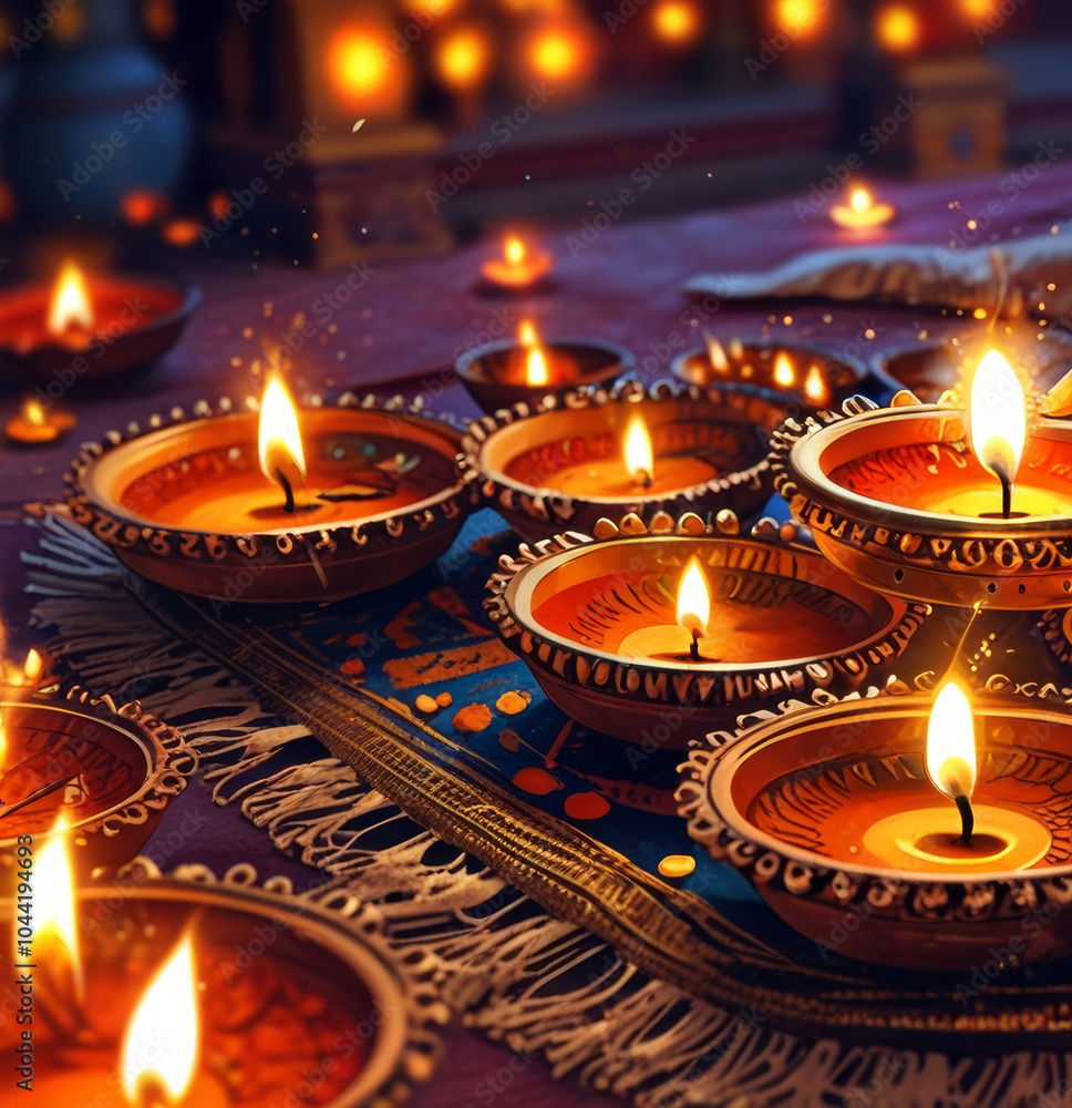 Diwali celebration with glowing candles in round traditional holders Diwali celebration with glowing candles in round traditional holders