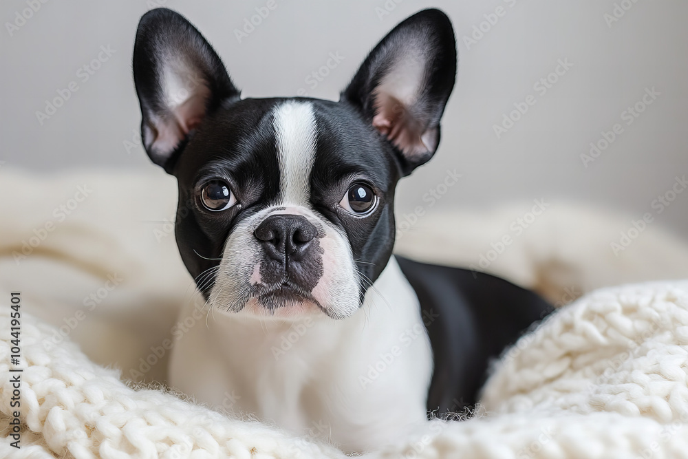Adorable Boston Terrier Puppy Standing with Expressive Ears and Inquisitive Eyes, Black and White Coat, Playful Companion in a Professional Studio Setting, Perfect for Pet Stock Photography Adorable Boston Terrier Puppy Standing with Expressive Ears and Inquisitive Eyes, Black and White Coat, Playful Companion in a Professional Studio Setting, Perfect for Pet Stock Photography