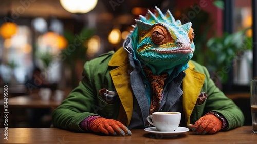 Anthropomorphic Chameleon Cafe Sip, Coffee Time Relaxation photo