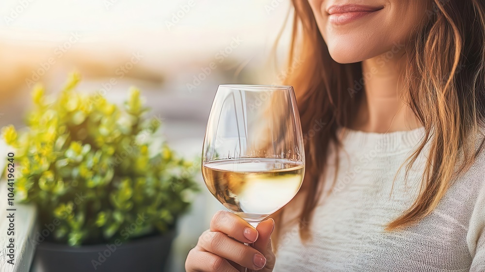 Birthday woman in her mid40s, sipping wine on a cozy balcony, relaxed ambiance Birthday woman in her mid40s, sipping wine on a cozy balcony, relaxed ambiance