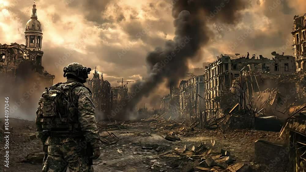 A soldier stands amidst the ruins of a devastated city, with smoke rising from buildings, highlighting the aftermath of conflict and destruction. A soldier stands amidst the ruins of a devastated city, with smoke rising from buildings, highlighting the aftermath of conflict and destruction.
