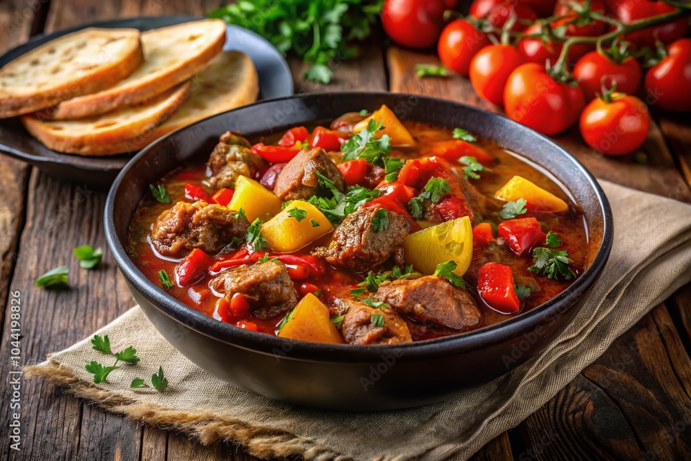 Hot Stewed Pork with Potatoes and Peppers in Tomato Sauce - Delicious Comfort Food Bowl Hot Stewed Pork with Potatoes and Peppers in Tomato Sauce - Delicious Comfort Food Bowl