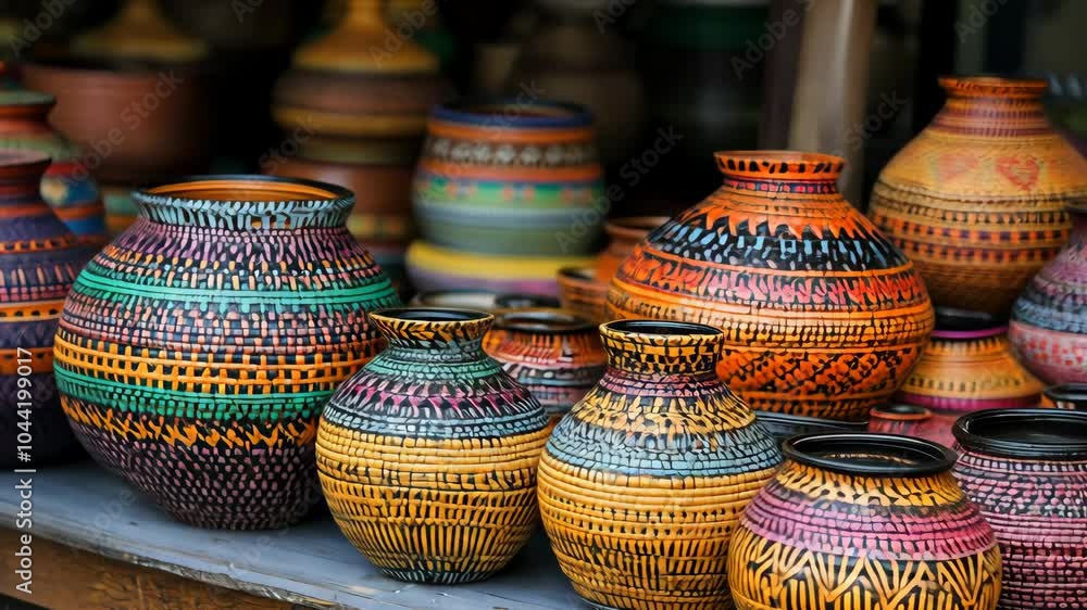 A collection of colorful, hand-painted pottery sits on a wooden shelf at a market in India A collection of colorful, hand-painted pottery sits on a wooden shelf at a market in India