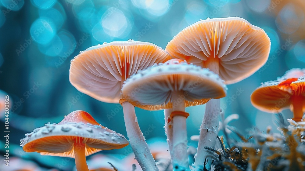 Orange and White Mushrooms with Blue Bokeh Background Orange and White Mushrooms with Blue Bokeh Background