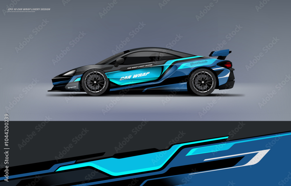 Racing Car sport car branding with racing wrap decal or livery design. Abstract racing graphics black blue backround. Editable vector template Racing Car sport car branding with racing wrap decal or livery design. Abstract racing graphics black blue backround. Editable vector template