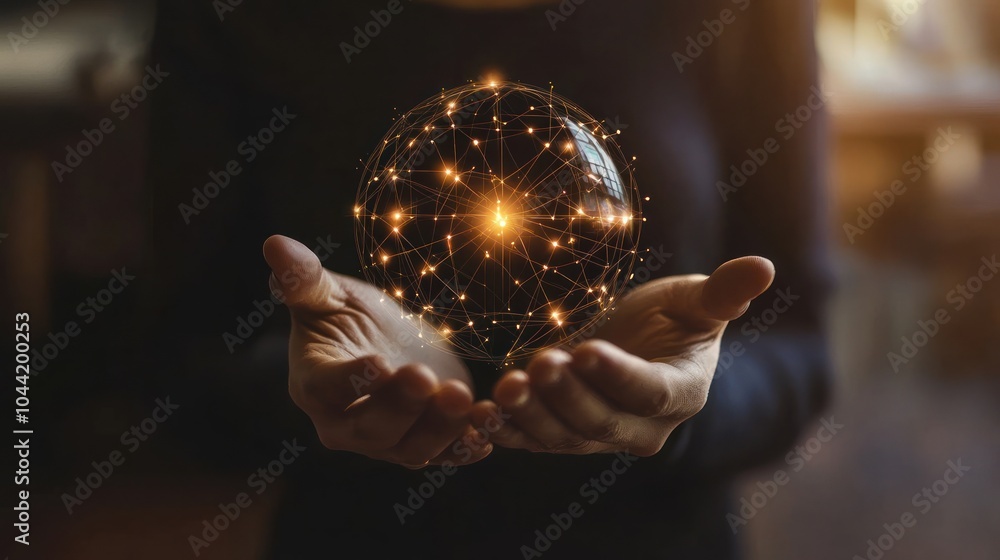 Fototapeta premium A person holds a glowing orb with interconnected lines, symbolizing technology and connection.