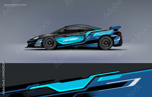 Racing Car sport car branding with racing wrap decal or livery design. Abstract racing graphics black blue backround. Editable vector template
