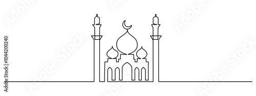 Islamic mosque in one continuous line drawing. Happy Eid Mubarak and Ramadan Kareem in simple linear style. Muslim religion holiday celebration in editable stroke. Doodle outline vector illustration