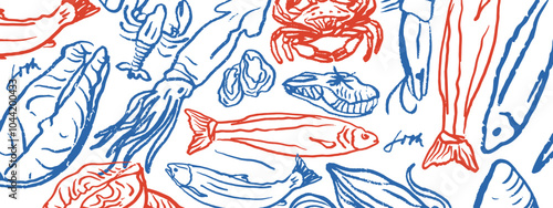Hand drawn isolated vector set of seafood. Shrimps, langoustines, prawns, salmon, trout, oysters, mussels, squid, crab. Food vintage illustration and template on a white background.