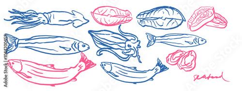 Hand drawn isolated vector set of seafood. Shrimps, langoustines, prawns, salmon, trout, oysters, mussels, squid, crab. Food vintage illustration and template on a white background.