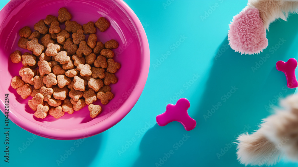Pink Bowl with Dog Food Toys and Tail on Blue Background Pink Bowl with Dog Food Toys and Tail on Blue Background