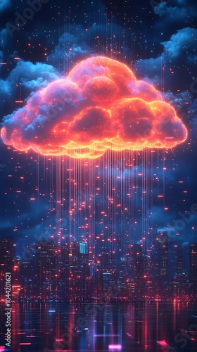 Neon Lit Digital Cloud Over Advanced Urban Infrastructure Grid Picture