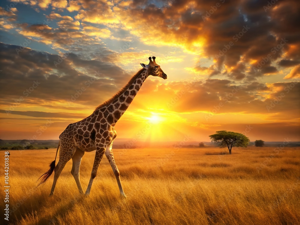Obraz premium Lone Giraffe Walking Through Golden Field at Sunset - Captivating Nature Photography