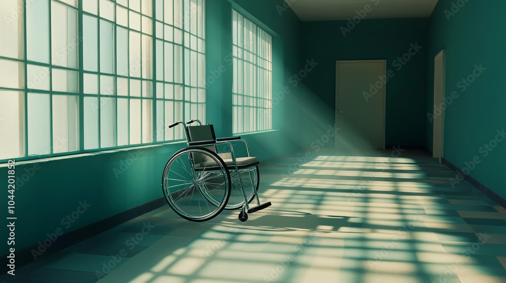 Wheelchair in Empty Hospital Corridor with Light Streaming Through Window Wheelchair in Empty Hospital Corridor with Light Streaming Through Window
