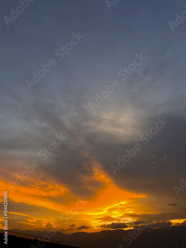 Beautiful orange sky background in the city. Medellin, Colombia. 