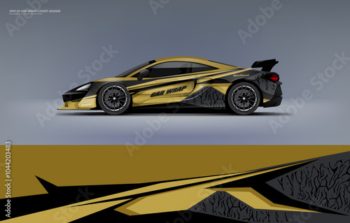 super car branding with racing wrap decal or livery simple gold and black design. Abstract racing graphics Editable vector template