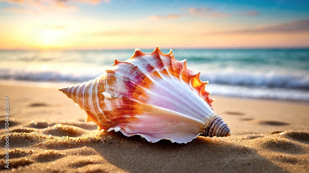 Macro Photography of Conch Shell on Sandy Beach with Ocean Waves Macro Photography of Conch Shell on Sandy Beach with Ocean Waves