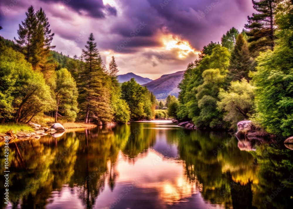 Fototapeta premium Lush Forest River Landscape with Reflective Waters and Majestic Mountains in Low Light Photography