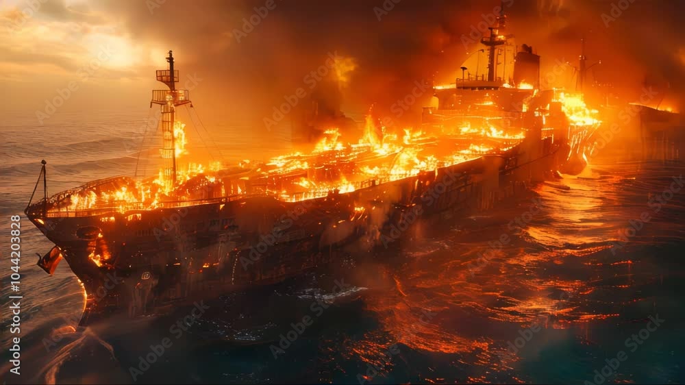 custom made wallpaper toronto digitalLarge cargo merchant ship burns with open flame at sea, fire on a cargo ship