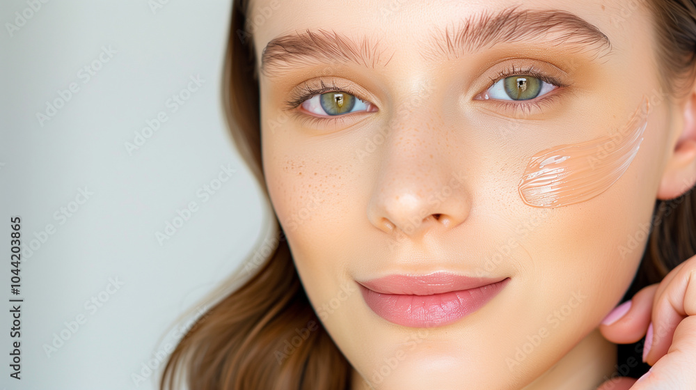 Woman applying foundation on face with beauty makeup tips and natural style Woman applying foundation on face with beauty makeup tips and natural style