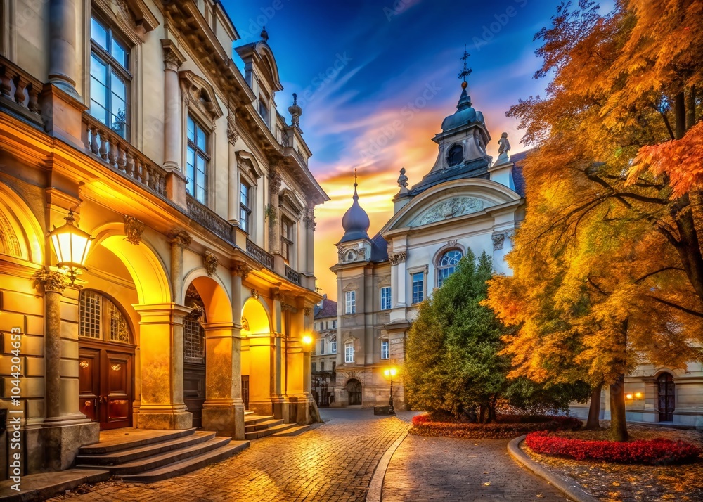 Fototapeta premium Lviv House of Scientists Neo-Baroque Architecture: Arched Passage and Atlases in Autumn Sunlight