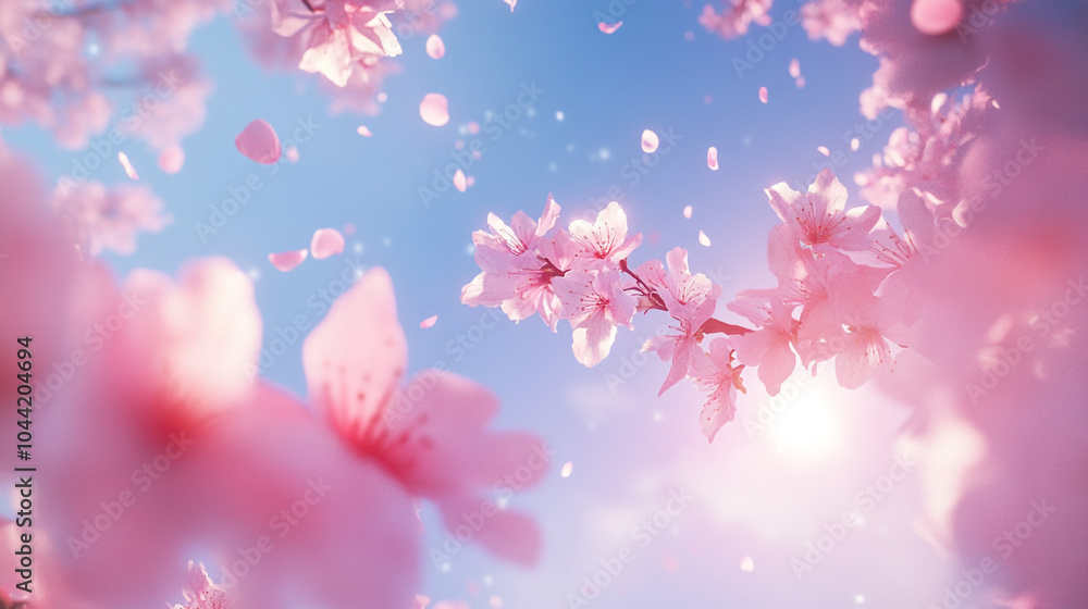 Pink Cherry Blossoms Falling Against Blue Sky Pink Cherry Blossoms Falling Against Blue Sky