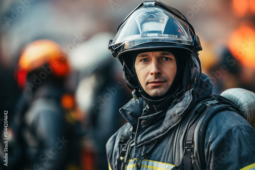 Firefighter in helmet extinguishes flames with focused spurts of water from a sturdy fire hose.