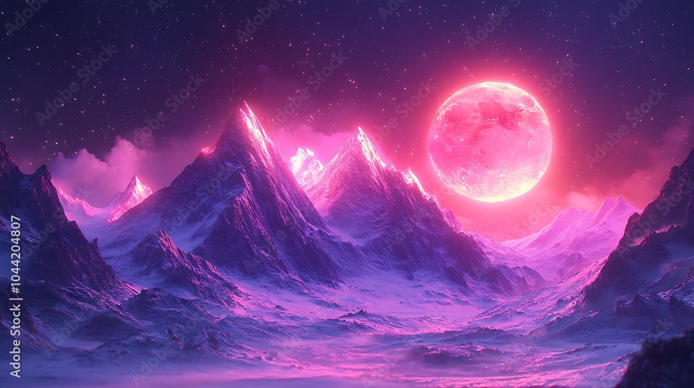 Fototapeta premium Majestic mountain peaks illuminated by ethereal pink neon light glow picture
