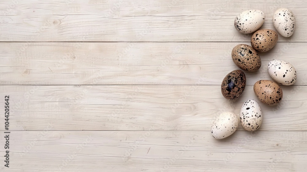 Rustic Charm: Quail Eggs on Weathered Wooden Background - Wide Banner Rustic Charm: Quail Eggs on Weathered Wooden Background - Wide Banner