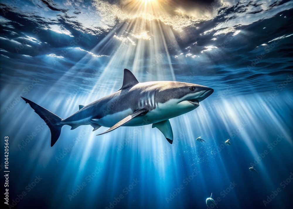 Fototapeta premium Majestic Big Shark Swimming in Deep Blue Ocean Waters - Underwater Adventure Photography