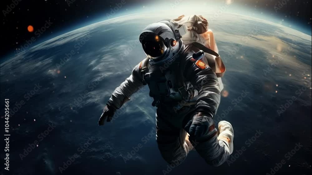 Astronaut floating outside a spaceship in outer space. Man in protective helmet and suit. Cosmos discovering. Science fiction, space travel and exploration concept. World Space Week. Sci-fi animation Astronaut floating outside a spaceship in outer space. Man in protective helmet and suit. Cosmos discovering. Science fiction, space travel and exploration concept. World Space Week. Sci-fi animation
